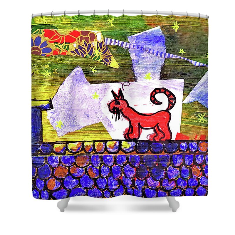 Cat Shower Curtain featuring the mixed media The Red Cat on the Roof by Mimulux Patricia No