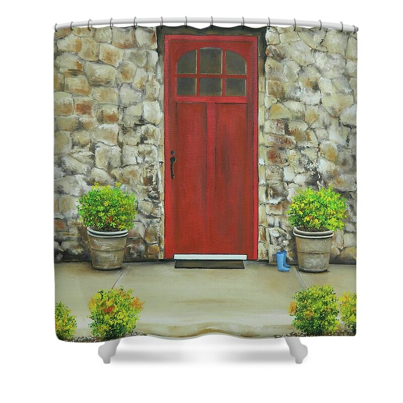 Jamaica Art Shower Curtain featuring the painting The Red Door by Kenneth Harris