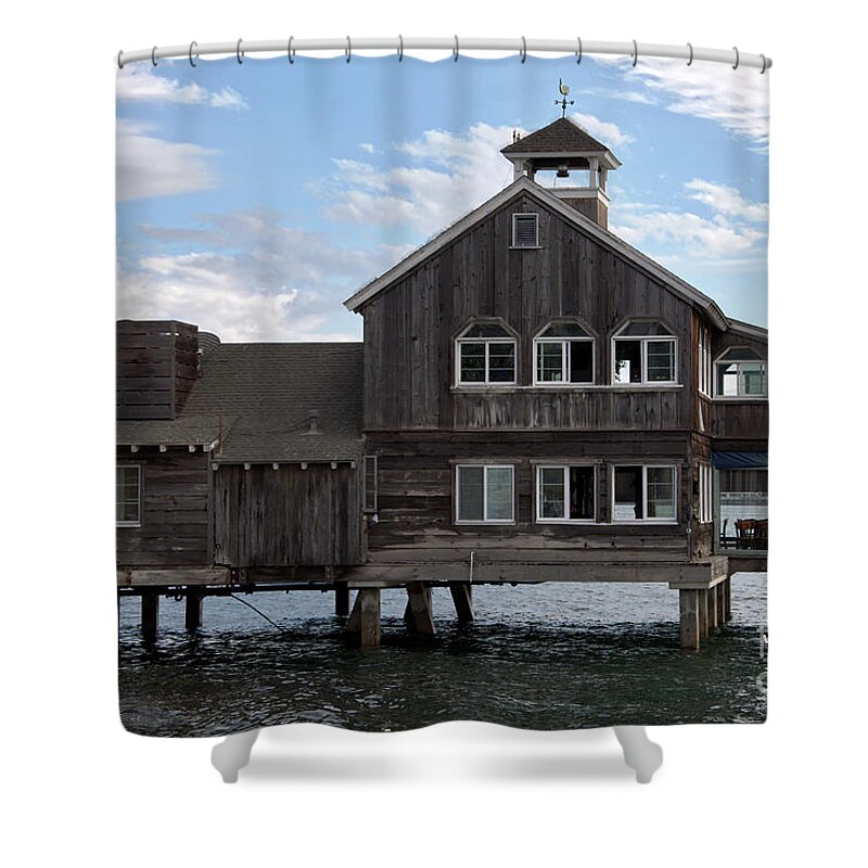 San Diego Shower Curtain featuring the digital art The Restaurant On The Bay by Kirt Tisdale