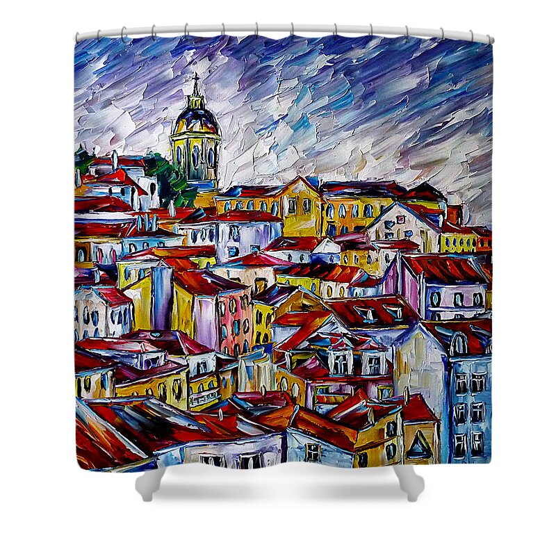 Lisbon From Above Shower Curtain featuring the painting The Roofs Of Lisbon by Mirek Kuzniar