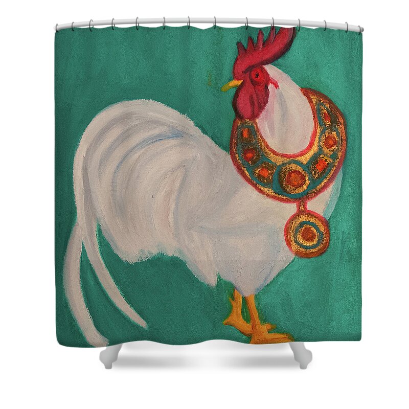 Rooster Shower Curtain featuring the painting The Rooster and The African Necklace by Anita Hummel