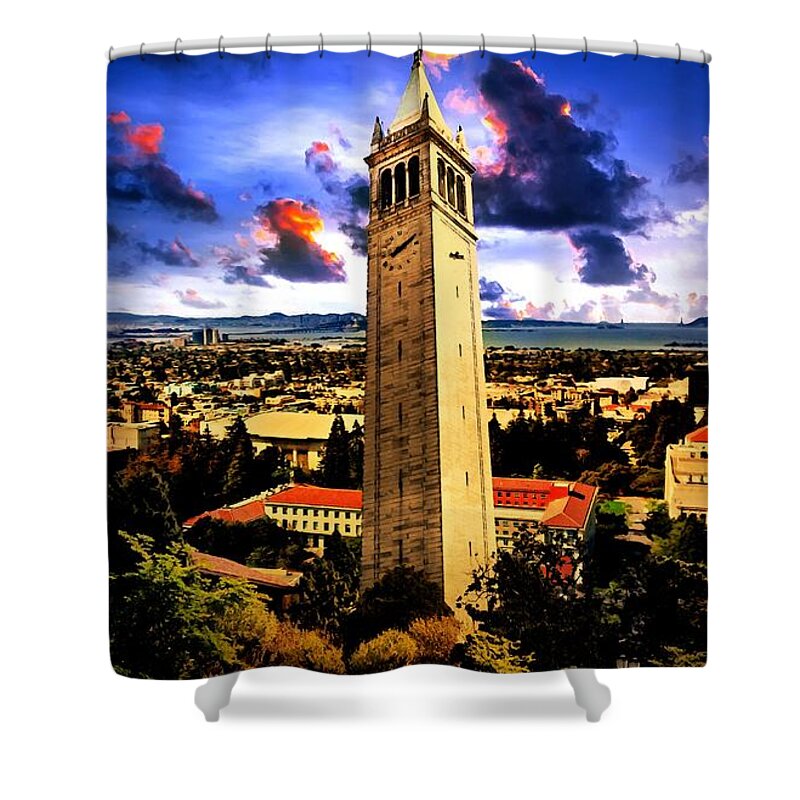 Berkeley Shower Curtain featuring the digital art The Sather Tower and a a view to Berkeley Campus, downtown Berkeley and San Francisco Bay at sunrise by Nicko Prints