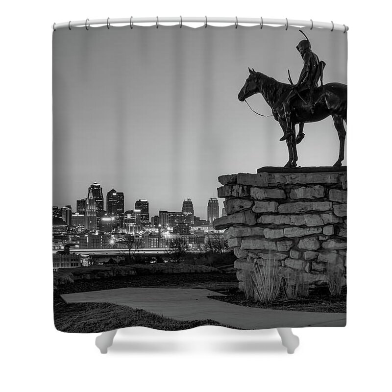 America Shower Curtain featuring the photograph The Scout Overlooking the Kansas City Skyline - Black and White by Gregory Ballos