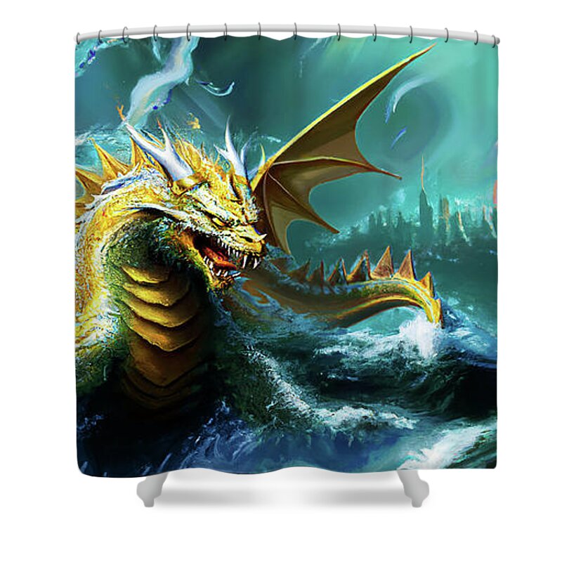 Monster Shower Curtain featuring the mixed media The sea dragon turf battle kaiju mural by Shawn Dall