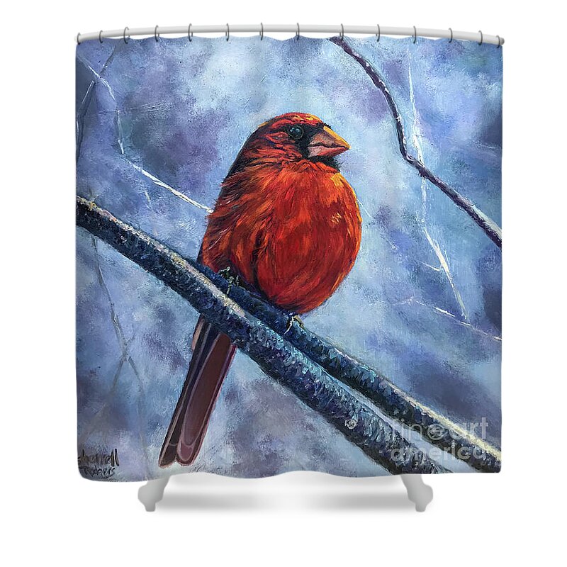 Original Oil Painting Shower Curtain featuring the painting The Sentinel Cardinal by Sherrell Rodgers
