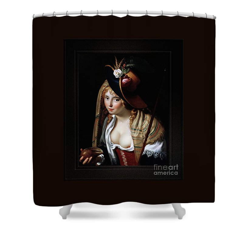 The Shepherdess With Seashell Shower Curtain featuring the painting The Shepherdess With Seashell by Paulus Moreelse Remastered Xzendor7 Fine Art Classical Reproduction by Rolando Burbon