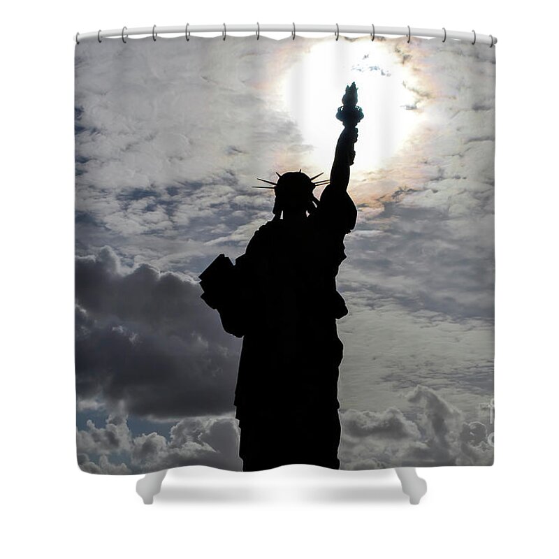 Statue Of Liberty Shower Curtain featuring the photograph The Shining Light - color version by Daniel M Walsh