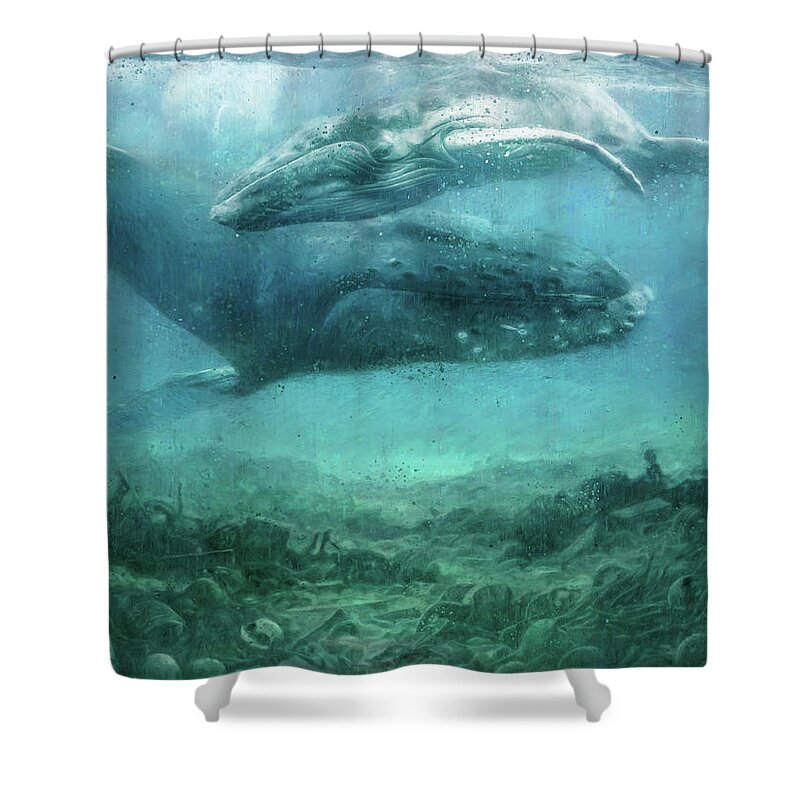 Ocean Shower Curtain featuring the painting The silence of the ocean - original artwork by Vart by Vart