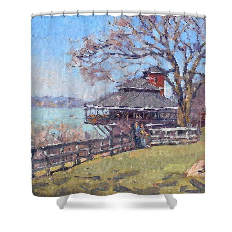 The Silo Shower Curtain featuring the painting The Silo Restaurant in Lewiston by Ylli Haruni