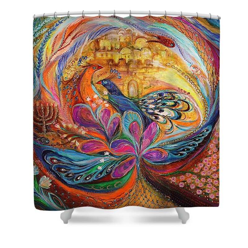 Angel Shower Curtain featuring the painting The song of Safed by Elena Kotliarker