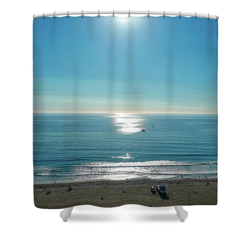Beach Shower Curtain featuring the photograph 	The Still Blue Waters at Santa Monica Beach by Marcus Jones