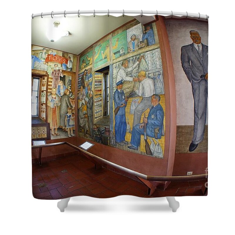 Coit Tower Murals Shower Curtain featuring the photograph The Stockholder and Others by Tony Enjoying the Historic Coit Tower Murals