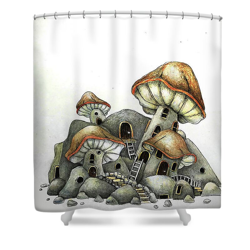 Stone Shower Curtain featuring the drawing The stone mushroom house by Tim Ernst