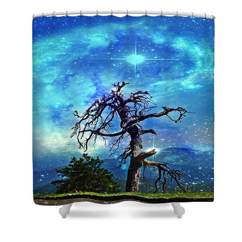 Fantasy Shower Curtain featuring the mixed media The Survivor in the Galaxy by Stacie Siemsen