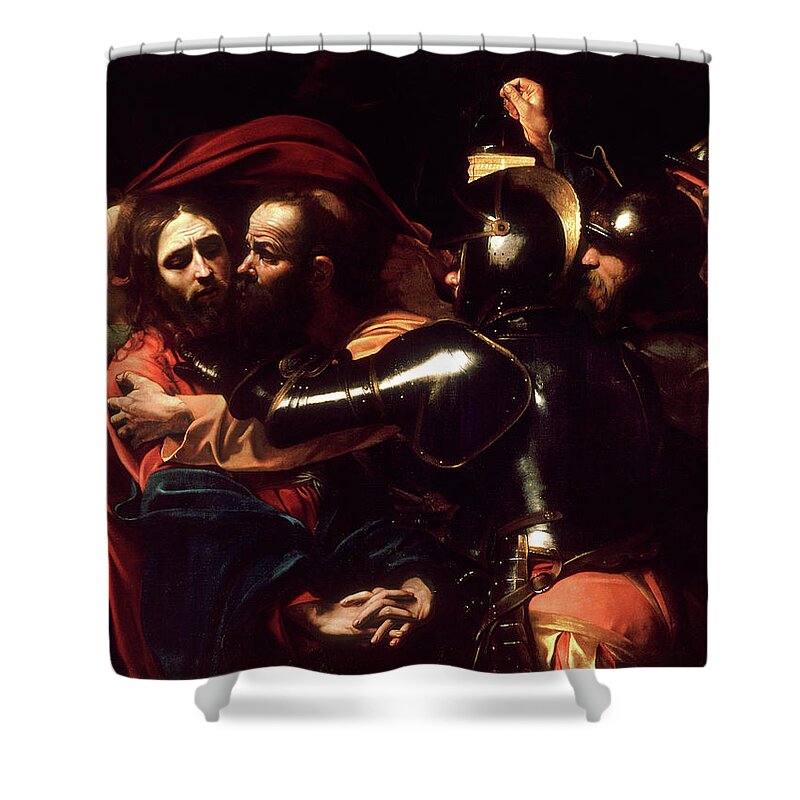 Passion Shower Curtain featuring the painting The Taking of Christ by Michelangelo Merisi da Caravaggio