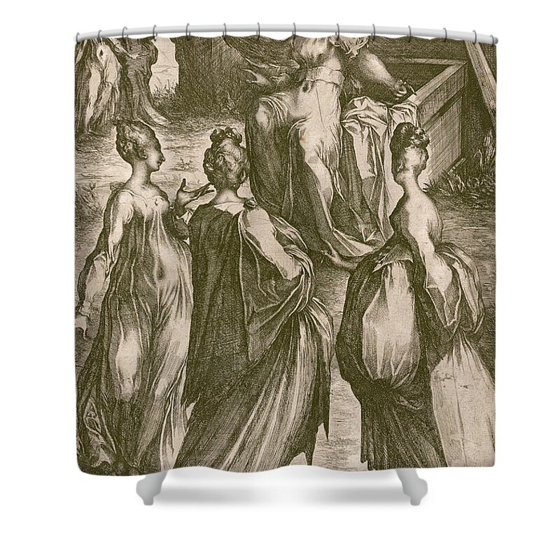 Jacques Bellange Shower Curtain featuring the drawing The Three Marys at the Tomb by Jacques Bellange