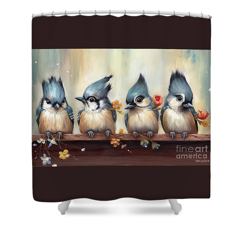 Tufted Titmouse Bird Shower Curtain featuring the painting The Titmouse Quadruplets by Tina LeCour
