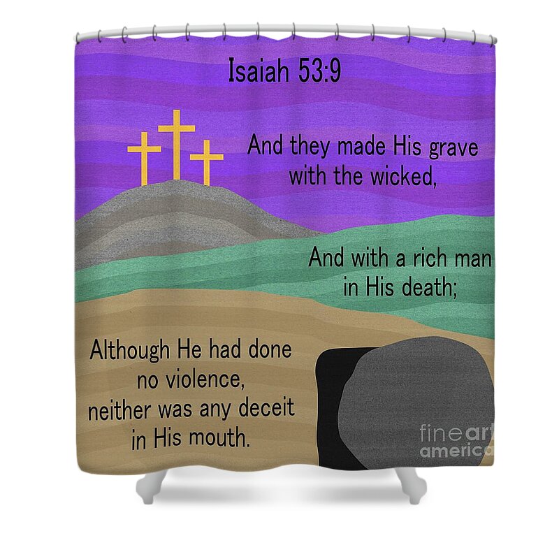 Jesus Shower Curtain featuring the mixed media The Tomb and the Cross by Donna Mibus