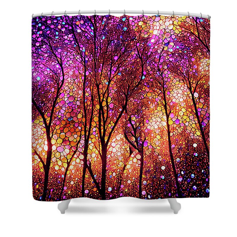 Abstract Trees Shower Curtain featuring the digital art The Trees Dance at Sunset by Peggy Collins