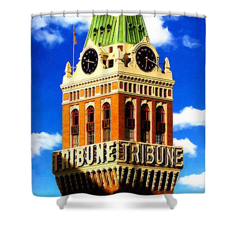 Tribune Tower Shower Curtain featuring the digital art The Tribune Tower in Oakland, in a transition from night to day by Nicko Prints