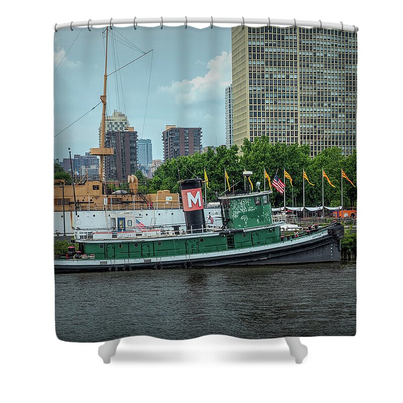 Philadelphia Shower Curtain featuring the photograph The Tugboat Jupiter at Penns Landing by Kristia Adams