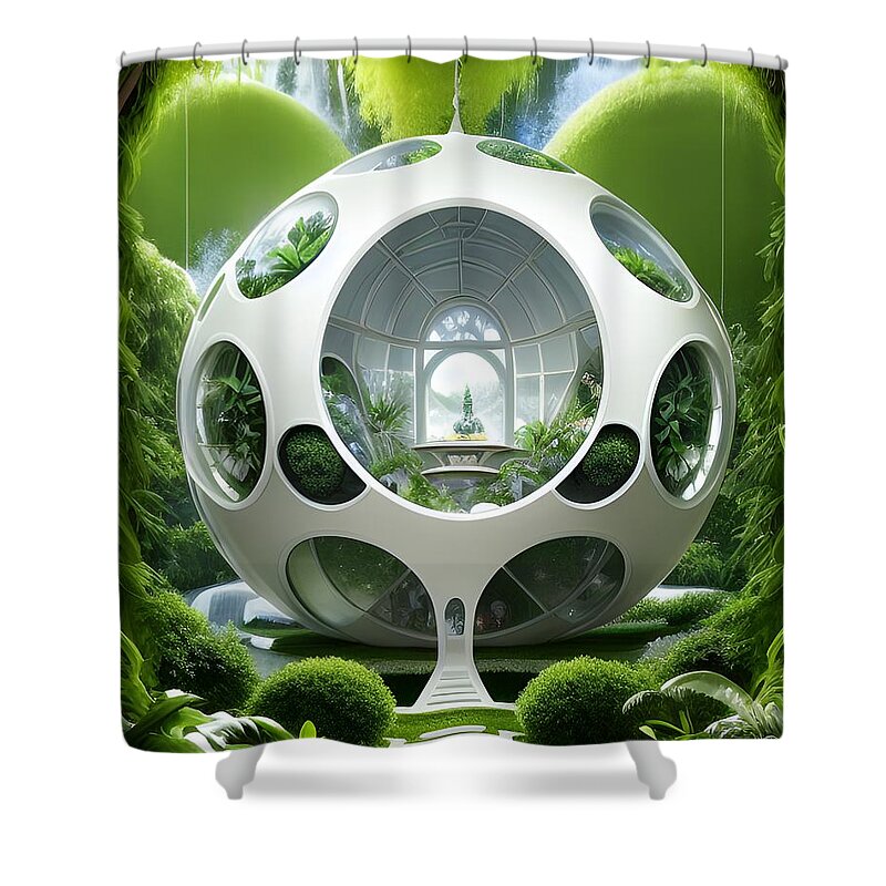 White Futuristic House Shower Curtain featuring the mixed media The Ultimate Eco-Friendly Futuristic House Concept by Artvizual Premium