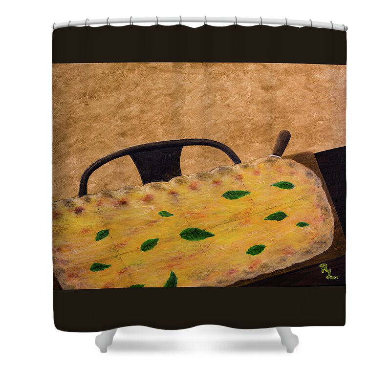 Pizza Shower Curtain featuring the painting The Usual by Renee Logan