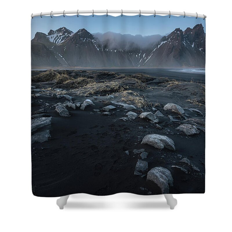 Adventure Shower Curtain featuring the photograph The Vestrahorn mountain range taken from Stocksness beach during sunset, in the south eastern part o by Anges Van der Logt