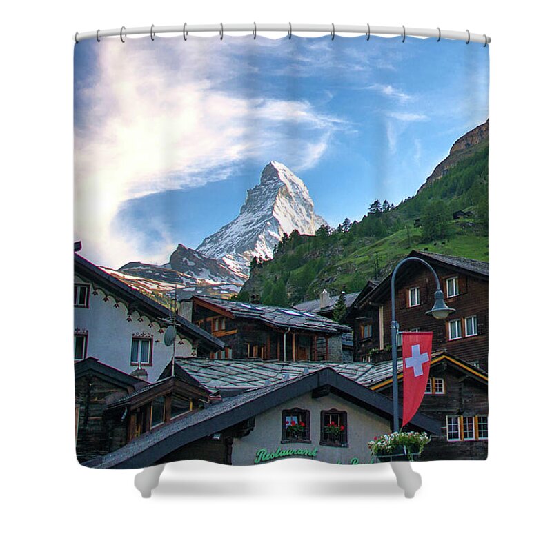 Blue Sky Shower Curtain featuring the photograph The Village of Zermatt, Switzerland by Matthew DeGrushe