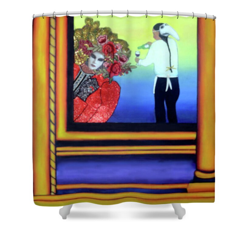 Mixed Media Painting Shower Curtain featuring the mixed media The Waiter - Carnival of Venice by Anni Adkins