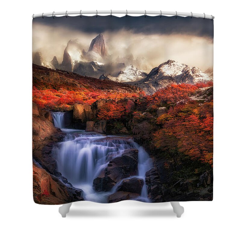 Waterfalls Shower Curtain featuring the photograph The waterfall under Fitz Roy by Henry w Liu