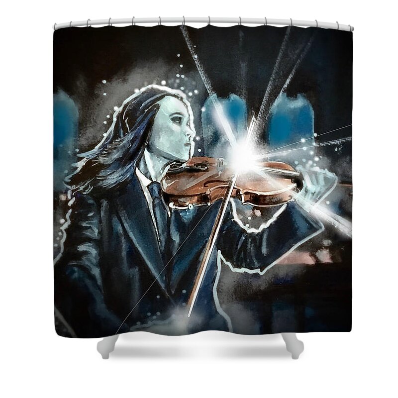 Umbrella Academy Shower Curtain featuring the painting The White Violin by Joel Tesch