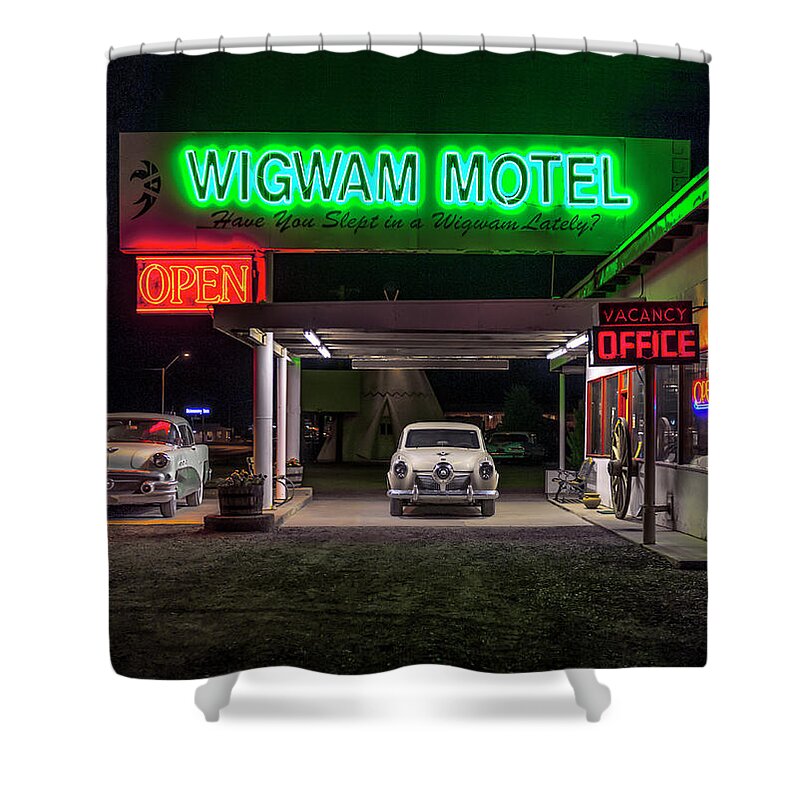 Holbrook Shower Curtain featuring the photograph The Wigwam Motel Neon by Gary Warnimont