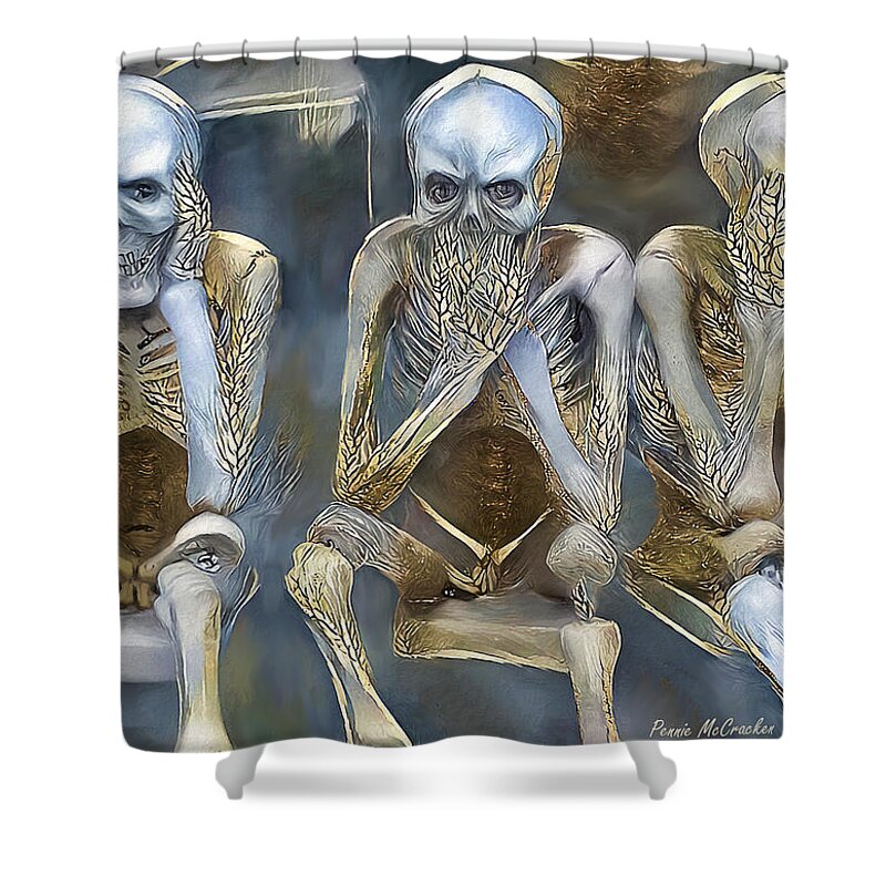 Three Monkeys Shower Curtain featuring the digital art The Wise Skeletons by Pennie McCracken