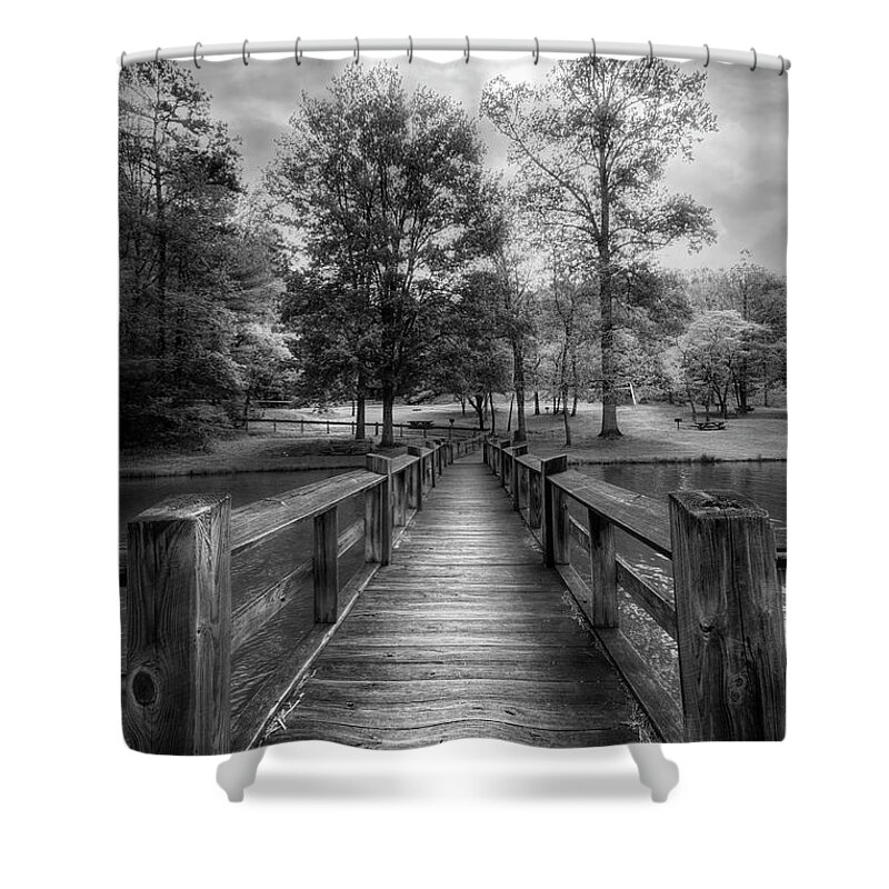 Carolina Shower Curtain featuring the photograph The Wood Fishing Dock Black and White by Debra and Dave Vanderlaan