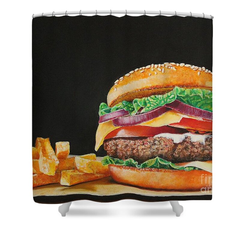 Hamburger Shower Curtain featuring the painting The Works by Bob Williams