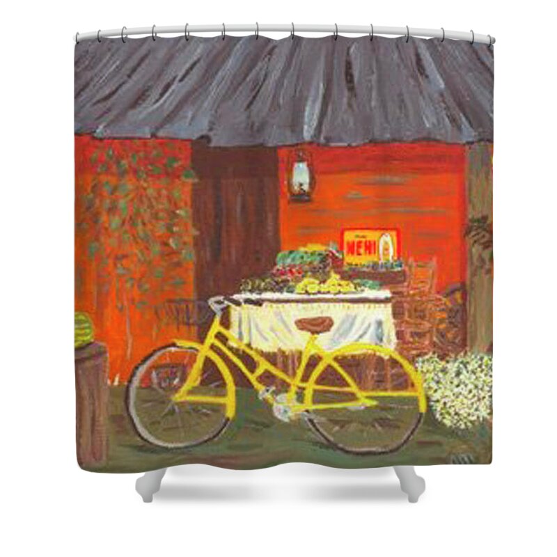  Shower Curtain featuring the painting The Yellow Bike by John Macarthur