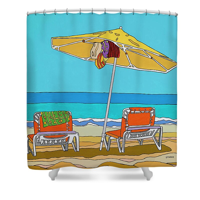 Beach Chairs Sand Ocean Water Summer Umbrella Shower Curtain featuring the painting The yellow umbrella by Mike Stanko