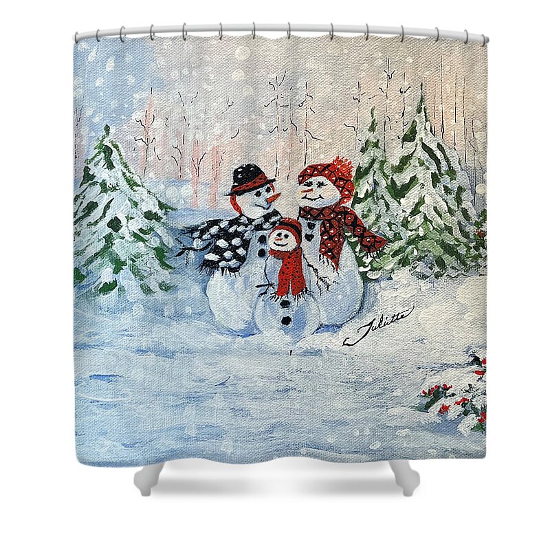 Snowman Shower Curtain featuring the painting There's Snow Place Like Home by Juliette Becker