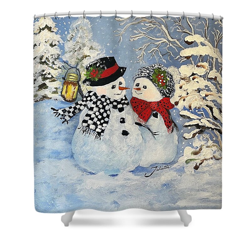 Snowman Shower Curtain featuring the painting This is a Fine Snowmance by Juliette Becker