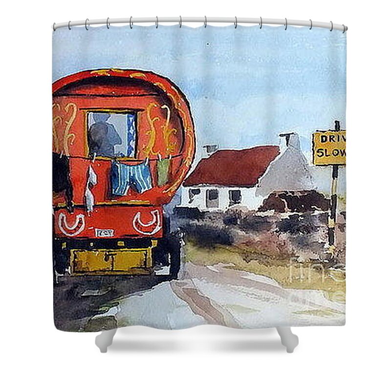 Drive Slowly Shower Curtain featuring the painting This is the life. by Val Byrne