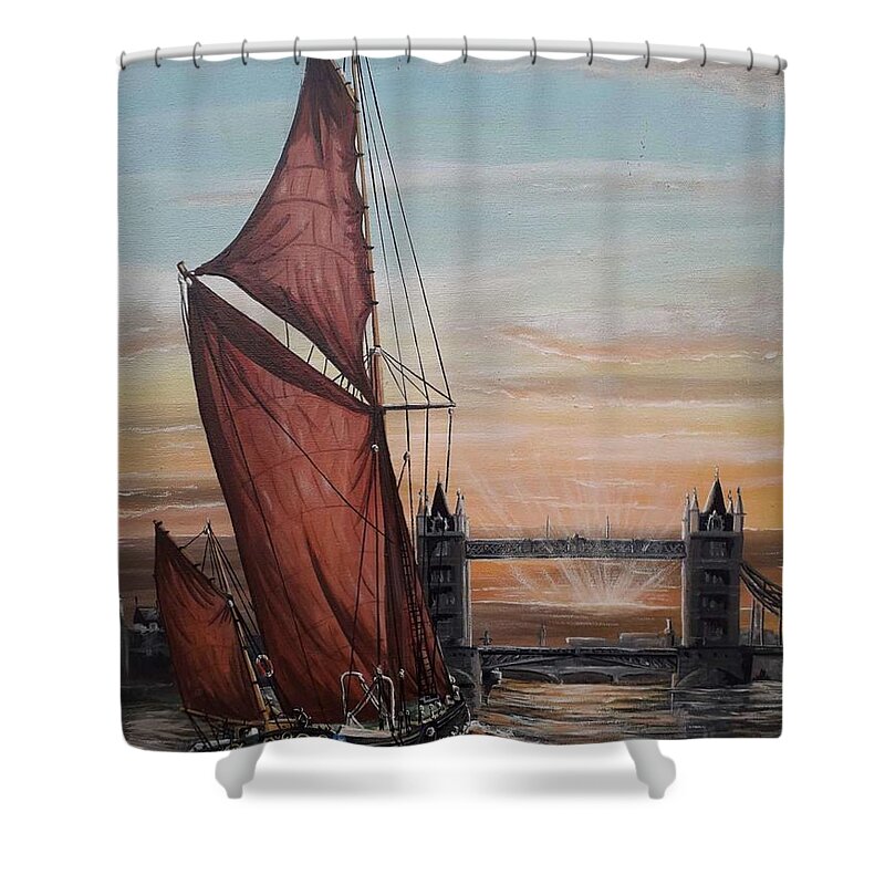 Thames Sailing Barge Shower Curtain featuring the painting Thmes Sailing Barge Dannebrog heading towards Tower Bridge London by Mackenzie Moulton