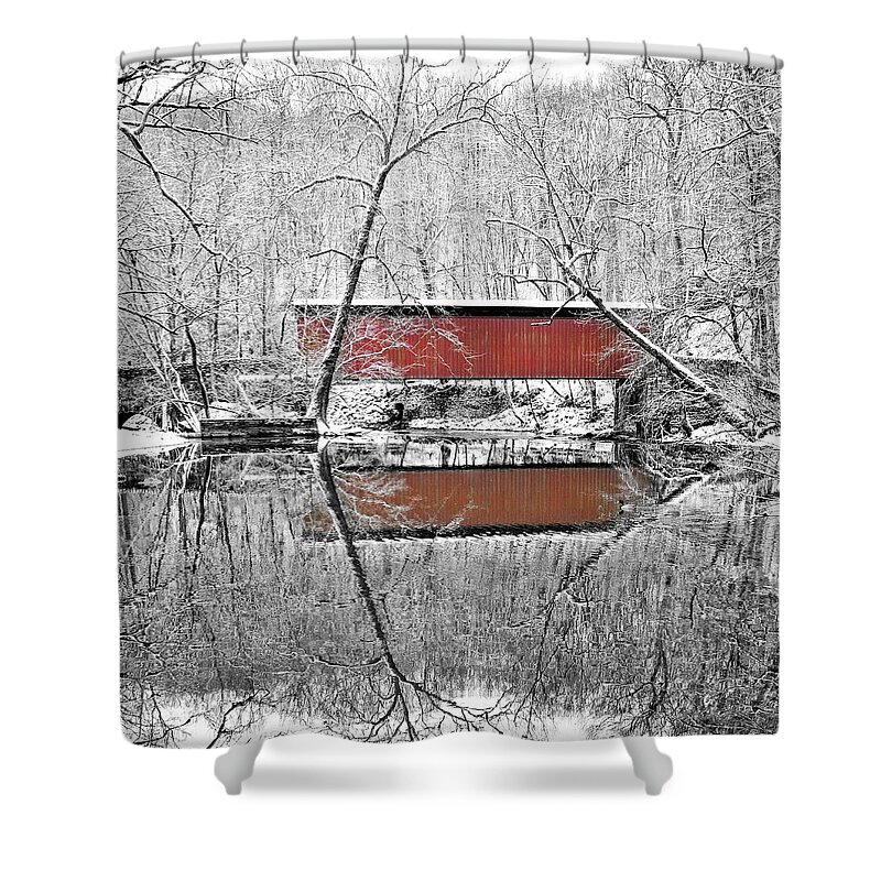 Thomas Shower Curtain featuring the photograph Thomas Mill Bridge in the Wissahickon Valley in Selected Color by Philadelphia Photography