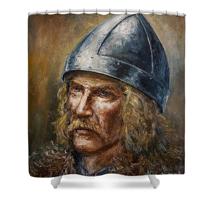 Viking Shower Curtain featuring the painting Thorfinn Karlsefni by Arturas Slapsys