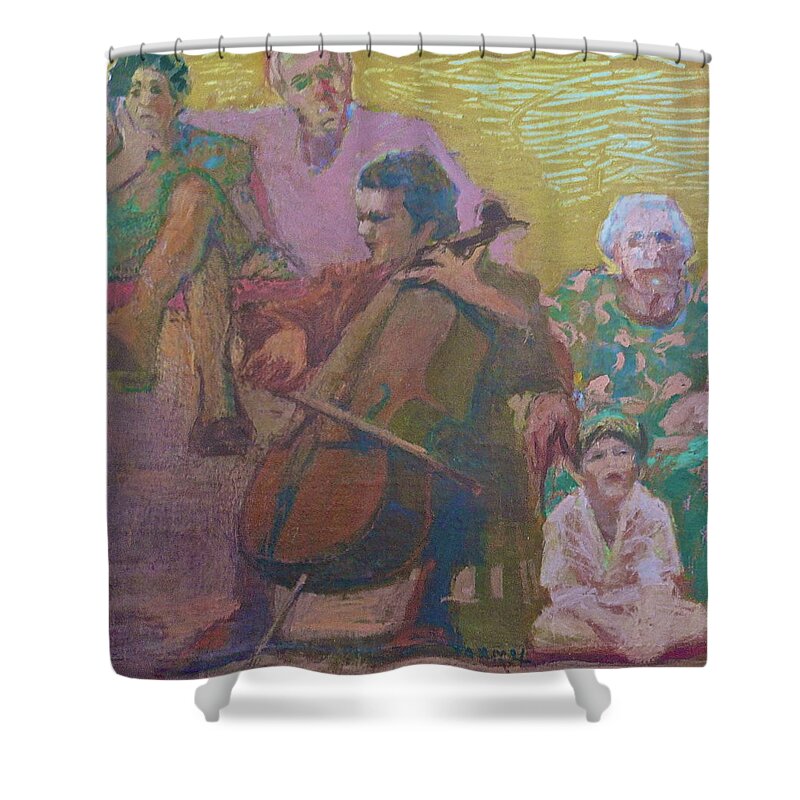 Cellist Shower Curtain featuring the painting The Cello Concert by Galya Tarmu