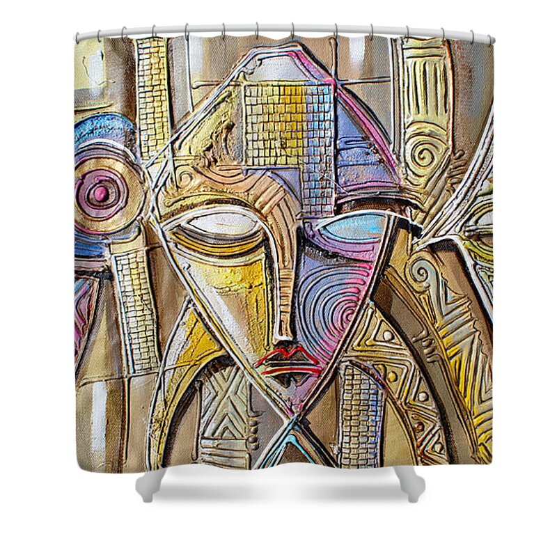 Africa Shower Curtain featuring the painting Three African Faces by Paul Gbolade Omidiran