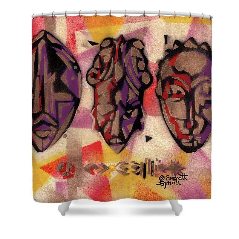 African Mask Shower Curtain featuring the mixed media Three African Masks by Everett Spruill