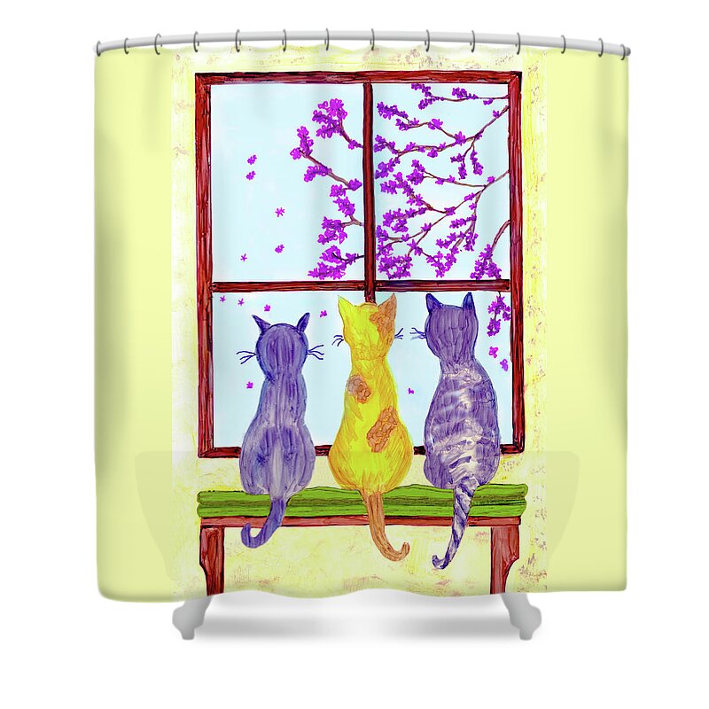 Cat Shower Curtain featuring the painting Three Cats Watch Pink Blossoms Fall From A Cherry Tree by Deborah League