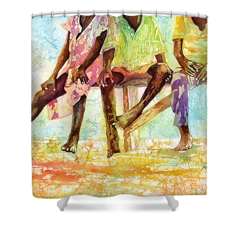 Chilren Shower Curtain featuring the painting Three Children of Ghana by Hailey E Herrera