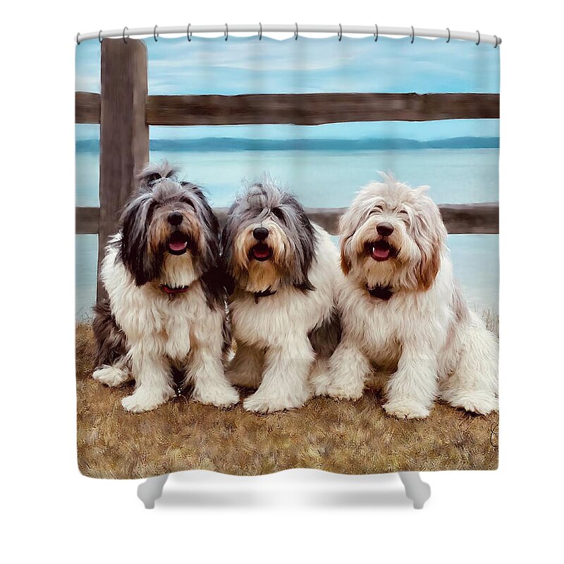 Old English Sheep Dogs Shower Curtain featuring the mixed media Three Dog Night and Day by Colleen Taylor
